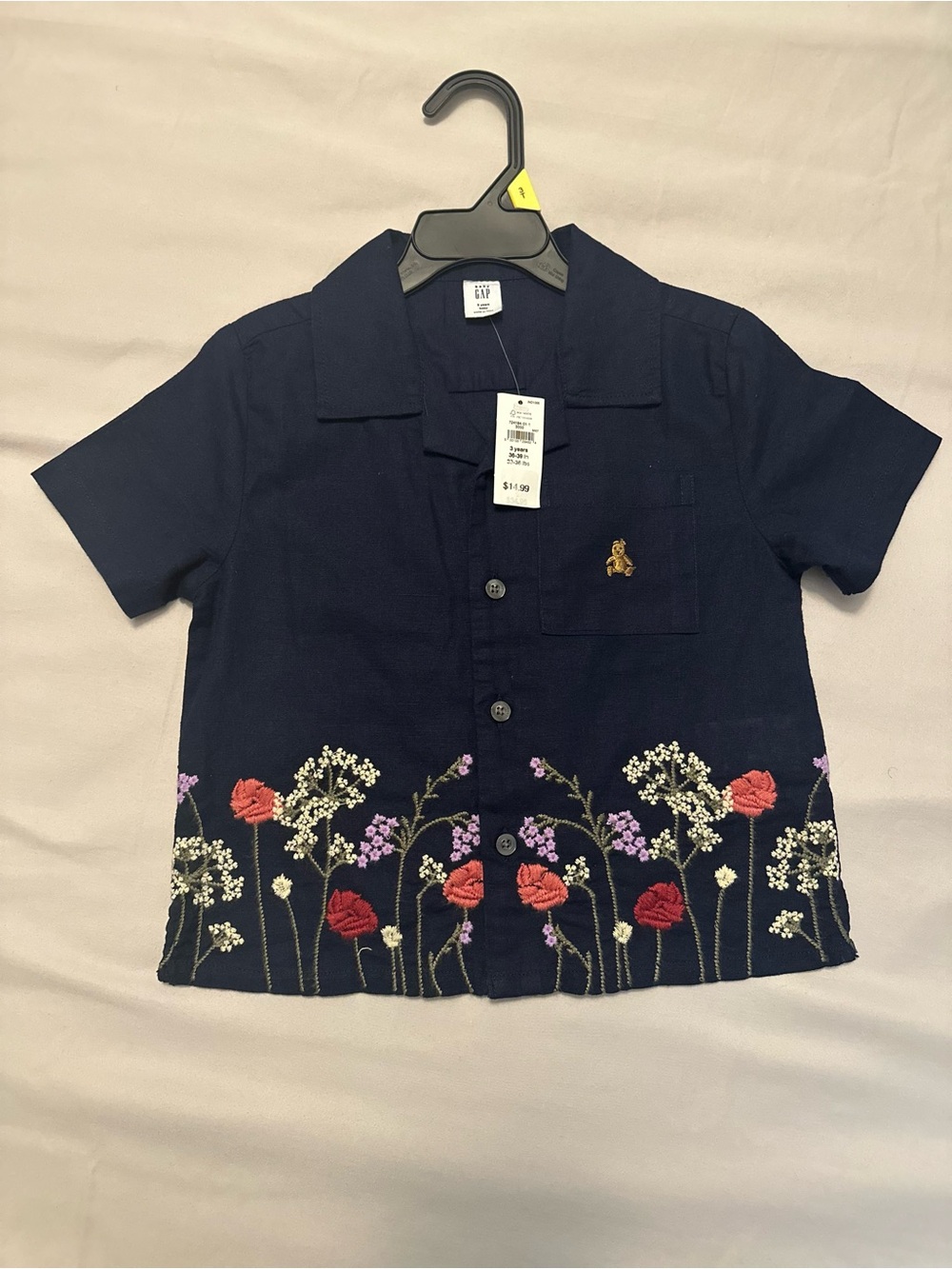 GAP Navy Button-Front Shirt with Embroidered Floral Hem